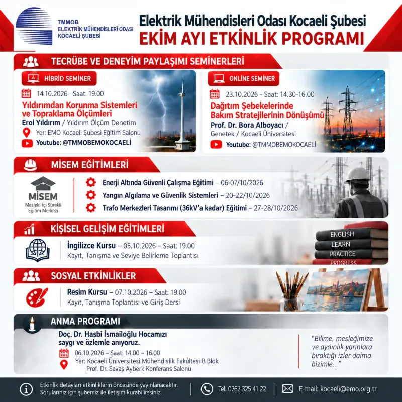 EMO KOCAELİ ŞUBESİ EKİM 2026 ETKİNLİK TAKVİMİ