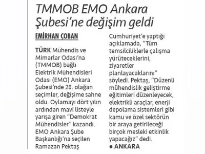 TMMOB EMO ANKARA ŞUBESİ`NE DEĞİŞİM GELDİ (CUMHURİYET GAZETESİ, 19.02.2026)