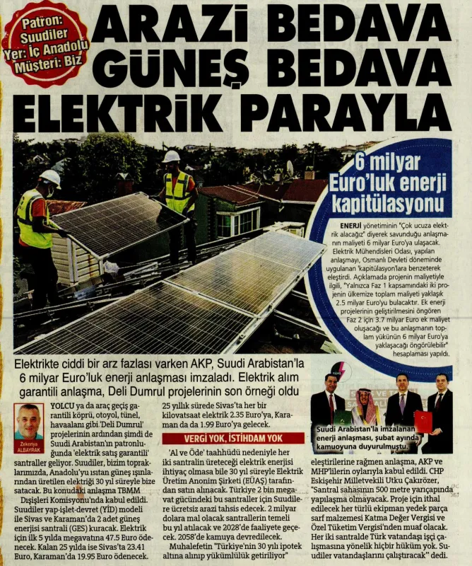 ARAZİ BEDAVA GÜNEŞ BEDAVA ELEKTRİK PARAYLA (SÖZCÜ GAZETESİ, 15.05.2026)