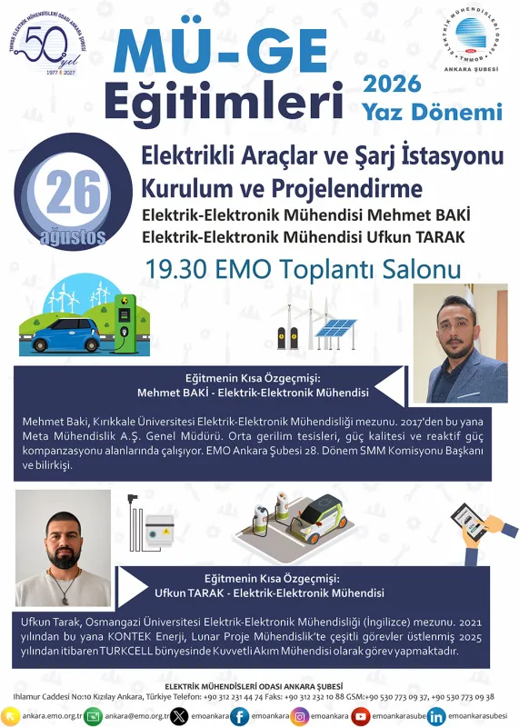 MÜGE’26-AĞUSTOS: “ELEKTRİKLİ ARAÇLAR VE ŞARJ İSTASYONU KURULUM VE PROJELENDİRME”