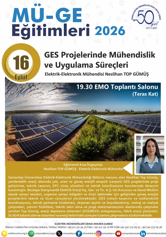 MÜGE’26- 16 EYLÜL: “GES PROJELERİNDE MÜHENDİSLİK VE UYGULAMA SÜREÇLERİ”