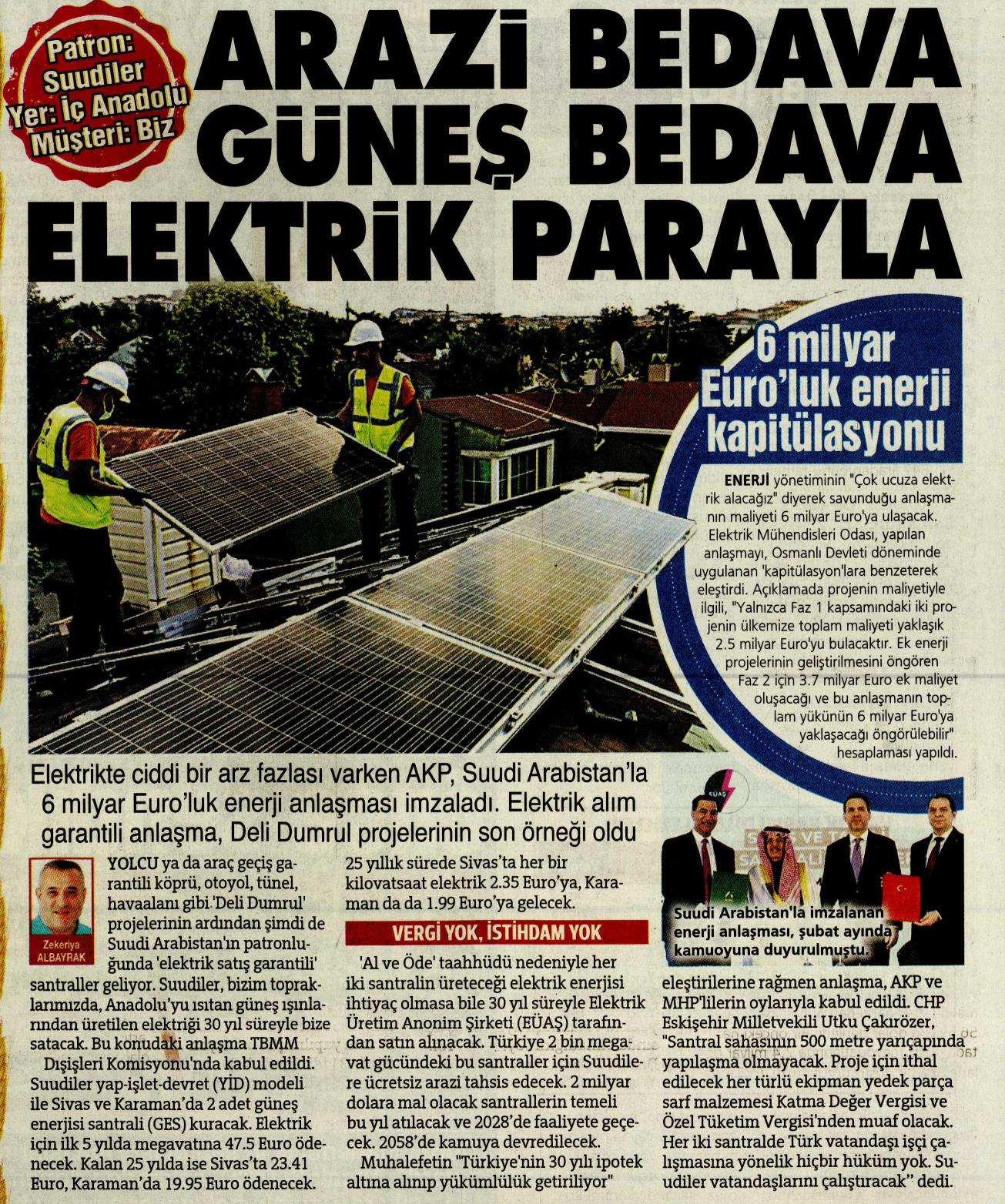 ARAZİ BEDAVA GÜNEŞ BEDAVA ELEKTRİK PARAYLA (SÖZCÜ GAZETESİ, 15.05.2026)