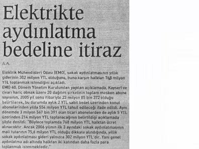 ELEKTRİKTE AYDINLATMA BEDELİNE İTİRAZ - 19 AĞUSTOS 2006 - EKONOMİ