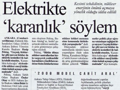 ELEKTRİKTE 'KARANLIK' SÖYLEM (CUMHURİYET, 21.08.2006)