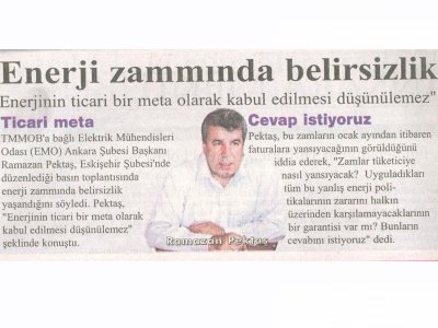 ENERJİ ZAMMINDA BELİRSİZLİK (ESKİŞEHİR-SAKARYA GAZETESİ, 08.10.2006)