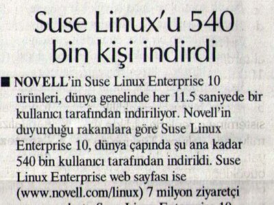 SÜSE LİNUX'U 540 BİN KİŞİ İNDİRDİ (HÜRRİYET GAZETESİ, 30.10.2006)