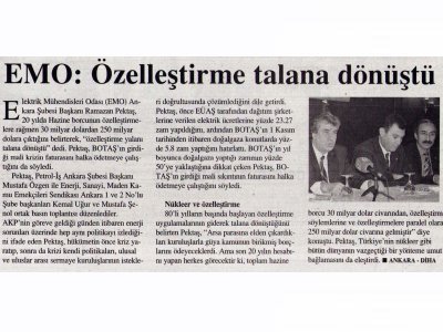 EMO: ÖZELLEŞTİRME TALANA DÖNÜŞTÜ (ÜLKEDE ÖZGÜR GÜNDEM, 06.11.2006)