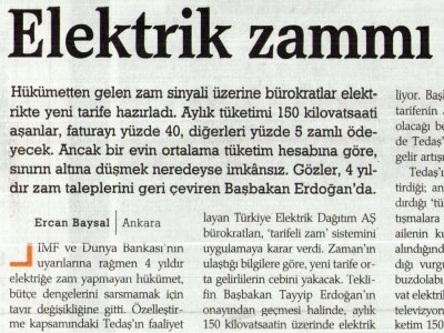 ELEKTRİK ZAMMI VATANDAŞI ÇARPACAK (ZAMAN GAZETESİ, 17.11.2006)