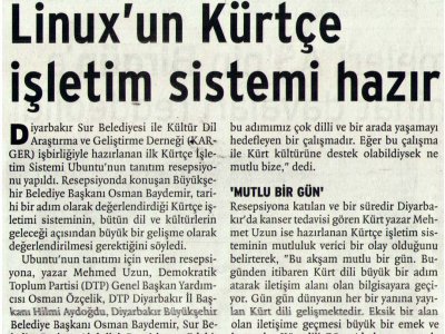 LİNUX'UN KÜRTÇE İŞLETİM SİSTEMİ HAZIR (BİRGÜN GAZETESİ, 20.11.2006)