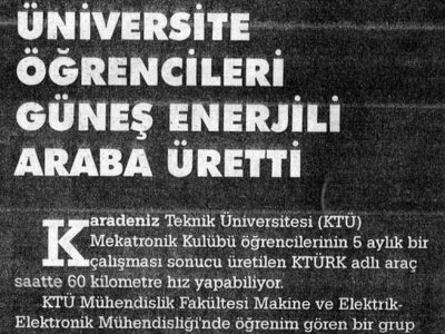 ÜNİVERSİTE ÖĞRENCİLERİ GÜNEŞ ENERJİLİ ARABA ÜRETTİ (YENİGÜN GAZETESİ, 25.12.2006)