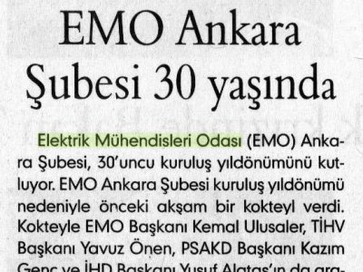 EMO ANKARA ŞUBESİ 30 YAŞINDA (EVRENSEL GAZETESİ, 31.01.2007)