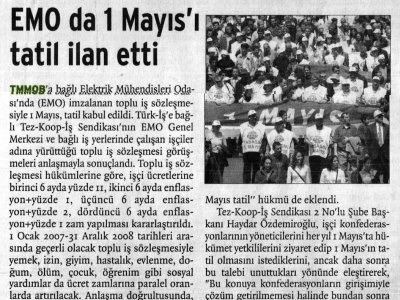 EMO DA 1 MAYIS'I TATİL İLAN ETTİ (BİRGÜN GAZETESİ, 06.03.2007)
