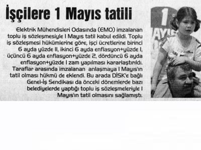 İŞÇİLERE 1 MAYIS TATİLİ (YENİ ŞAFAK, 06.03.2007)