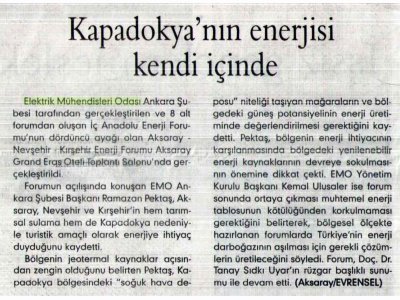 KAPADOKYA'NIN ENERJİSİ KENDİ İÇİNDE (EVRENSEL GAZETESİ, 16.04.2007)