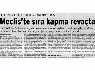 ELEKTRİK MÜHENDİSLERİ ODASI ANKARA ŞUBESİ: MECLİS'TE SIRA KAPMA REVAÇTA (BİRGÜN GAZETESİ, 22.06.2007)
