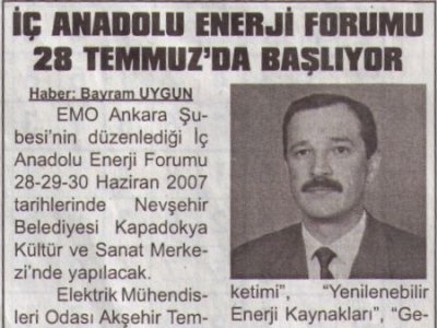 İÇ ANADOLU ENERJİ FORUMU 28 TEMMUZ’DA BAŞLIYOR (PERVASIZ GAZETESİ, 27.06.2007)