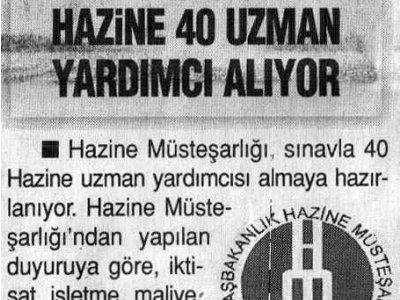 HAZİNE 40 UZMAN YARDIMCISI ALIYOR (BUGÜN GAZETESİ, 22.08.2007)