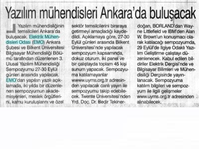 YAZILIM MÜHENDİSLERİ ANKARA'DA BULUŞACAK (GÜNBOYU GAZETESİ, 26.09.2007)