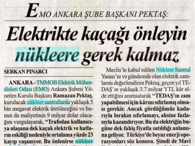ELEKTRİKTE KAÇAĞI ÖNLEYİN NÜKLEERE GEREK KALMAZ (14.11.2007, CUMHURİYET)
