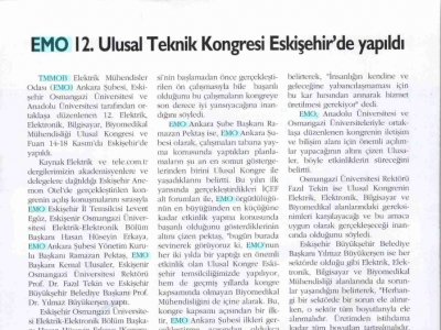 EMO 12. ULUSAL TEKNİK KONGRESİ ESKİŞEHİR'DE YAPILDI (KAYNAK ELEKTRİK DERGİSİ, 1 ARALIK 2007)