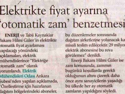ELEKTRİKTE FİYAT AYARINA 'OTOMATİK ZAM' BENZETMESİ (VATAN, 28.12.2007)
