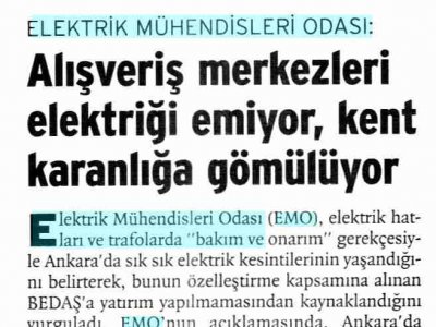 ELEKTRİK MÜHENDİSLERİ ODASI: ALIŞVERİŞ MERKEZLERİ ELEKTRİĞİ EMİYOR, KENT KARANLIĞA GÖMÜLÜYOR (BİRGÜN, 13.02.2008)