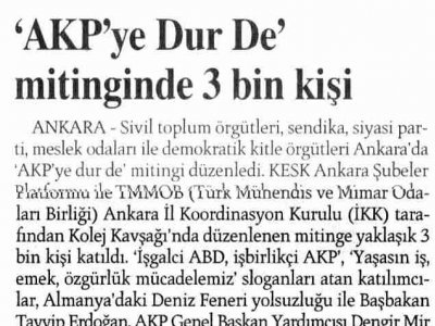 'AKP'YE DUR DE' MİTİNGİNDE 3 BİN KİŞİ (RADİKAL GAZETESİ, 19.10.2008)