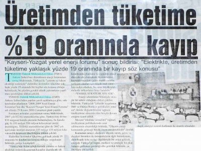 ÜRETİMDEN TÜKETİME %19 KAYIP (YENİ KAYSERİ GAZETESİ, 3.12..2008)