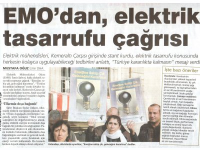EMO'DAN ELEKTRİK TASARRUFU ÇAĞRISI-15.01.2009 MİLLİYET EGE