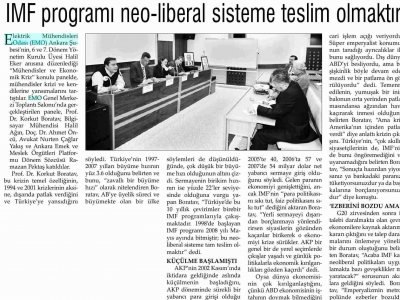 IMF PROGRAMI NEO-LİBERAL SİSTEME TESLİM OLMAKTIR (EVRENSEL, 14.4.2009)