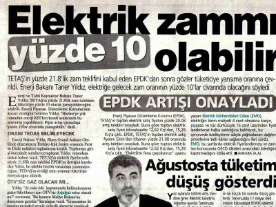 ELEKTRİK ZAMMI YÜZDE 10 OLABİLİR (YENİ ŞAFAK, 04.09.2009)