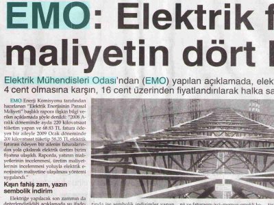 EMO: ELEKTRİK FİYATI MALİYETİN DÖRT KATI (YENİMESAJ, 06.09.2009)