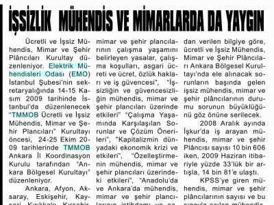 İŞSİZLİK MÜHENDİS VE MİMARLARDA DA YAYGIN (PERVASIZ GAZETESİ, 25.09.2009)