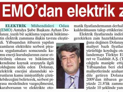 EMO'DAN ELEKTRİK ZAMMINA TEPKİ (SABAH AKDENİZ-24.09.2009)