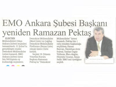 EMO ANKARA ŞUBESİ BAŞKANI YENİDEN RAMAZAN PEKTAŞ (HÜRRİYET ANKARA, 25.02.2010)