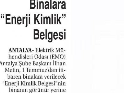 İLHAN METİN:BİNALARA ENERJİ KİMLİK BELGESİ (TCARET GAZETESİ/İZMİR-21.06.2010)