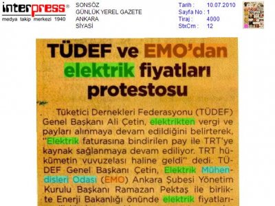 TÜDEF VE EMO'DAN ELEKTRİK FİYATLARI PROTESTOSU (SONSÖZ GAZETESİ, 10.7.2010)