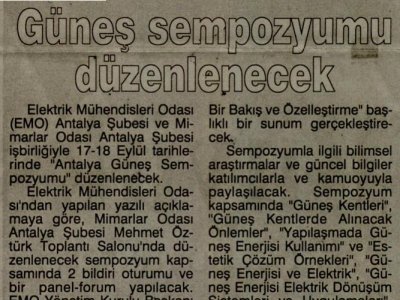 GÜNEŞ SEMPOZYUMU DÜZENLENECEK (ANTALYA-08.09.2010)