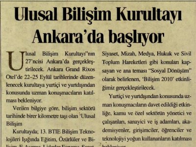 ULUSAL BİLİŞİM KURULTAYI ANKARA'DA BAŞLIYOR (DÜNYA, 23.09.2010)
