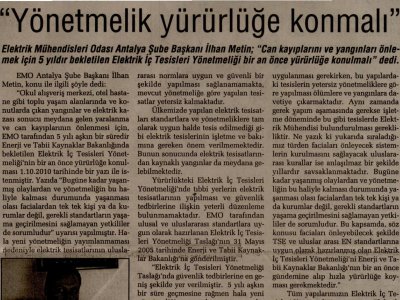 İLHAN METİN:YÖNETMELİK YÜRÜRLÜĞE KONMALI (ANTALYA SON HABER-13.10.2010)
