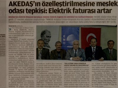 AKEDASIN ÖZELLEŞTİRİLMESİNE MESLEK ODASI TEPKİSİ: ELEKTRİK FATURASI ARTAR (ZAMAN ANTALYA-01.12.2010)