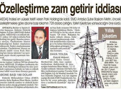 İLHAN METİN:ÖZELLEŞTİRME ZAM GETİRİR.(SABAH AKDENİZ-09.12.2010)