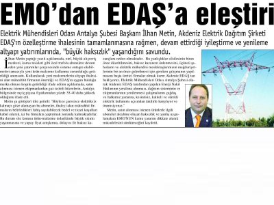 EMO`DAN EDAŞ`A ELEŞTİRİ (GAZETE BİR-11.01.2011)