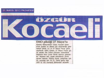 EMO PİKNİĞİ 27 MAYIS`TA-ÖZGÜR KOCAELİ