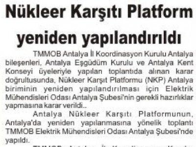 NÜKLEER KARŞITI PLATFORM YENİDEN YAPILANDIRILDI (AKDENİZ GÜNCEL-02.06.2012)