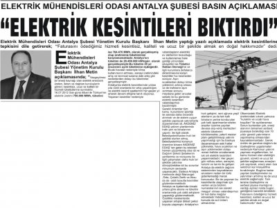 ELEKTRİK MÜHENDİSLERİ ODASI ANTALYA ŞUBESİ BASIN AÇIKLAMASI ‘ELEKTRİK KESİNTİLERİ BIKTIRDI‘ (AKDENİZ GÜNCEL-19.07.2012)