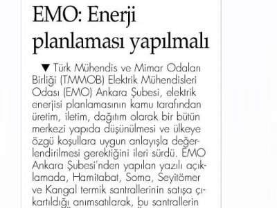 EMO: ENERJİ PLANLAMASI YAPILMALI (BİZİM GAZETE, 02.12.2012)