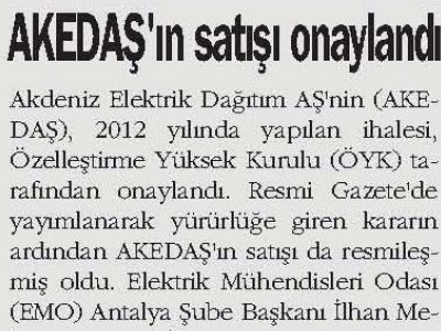 AKEDAŞ‘IN SATIŞI ONAYLANDI (ANTALYA GÜNDEM-13.03.2013)