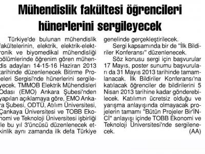 MÜHENDİSLİK FAKÜLTESİ ÖĞRENCİLERİ HÜNERLERİNİ SERGİLEYECEK (BARIŞ GAZETESİ, 27.03.2013)