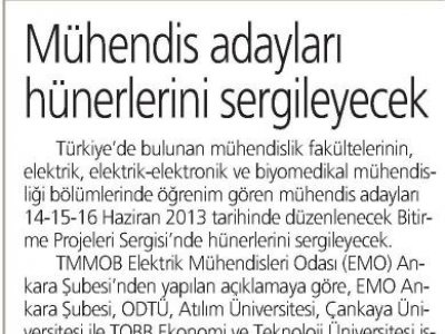 MÜHENDİS ADAYLARI HÜNERLERİNİ SERGİLEYECEK (29.03.2013, MİLLİYET ANKARA)
